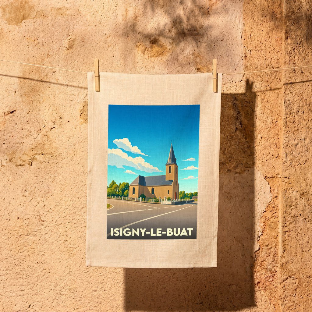 Torchon souvenir de la ville d'Isigny-le-Buat illustré d'un dessin stylisé de son église sous un ciel bleu.