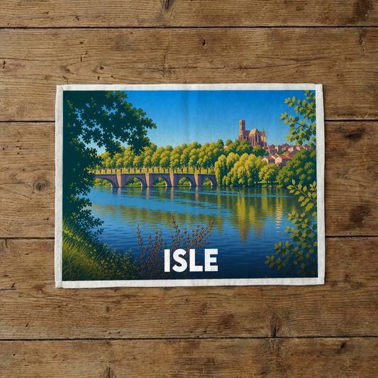 Torchon souvenir de la ville de Isle avec une illustration stylisée d'un pont et d'une cathédrale au bord de l'eau.