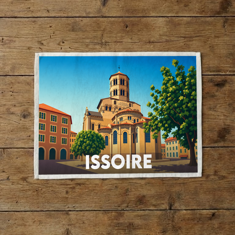 Torchon souvenir de la ville d'Issoire avec une illustration stylisée de son église romane.