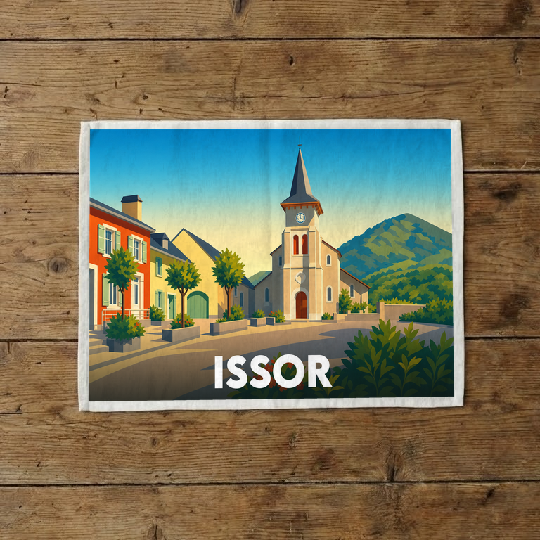 Torchon souvenir de la ville d'Issor avec une illustration stylisée de son église et des montagnes environnantes.