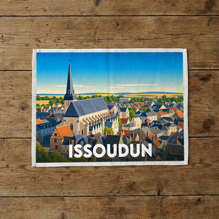 Torchon souvenir de la ville d'Issoudun avec une illustration stylisée de ses toits et de son église.