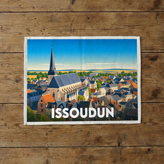 Torchon souvenir de la ville d'Issoudun avec une illustration stylisée de ses toits et de son église.