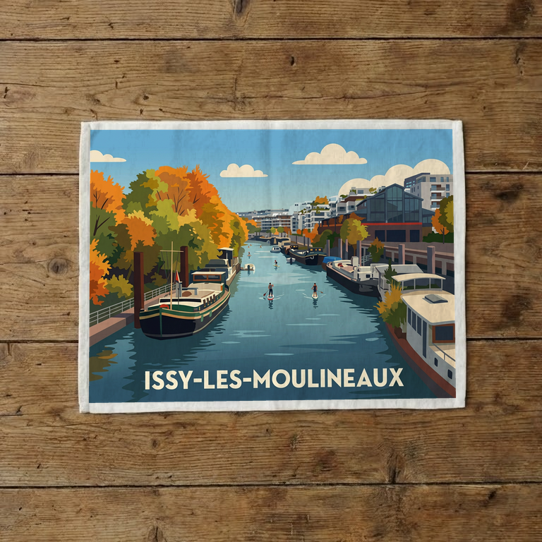 Torchon souvenir de la ville d'Issy-les-Moulineaux avec une illustration stylisée des bords de Seine.