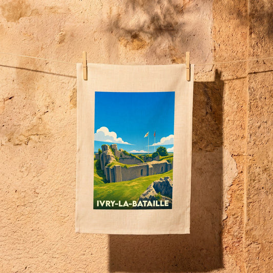 Torchon souvenir de la ville d'Ivry-la-Bataille avec une illustration stylisée de son château médiéval.