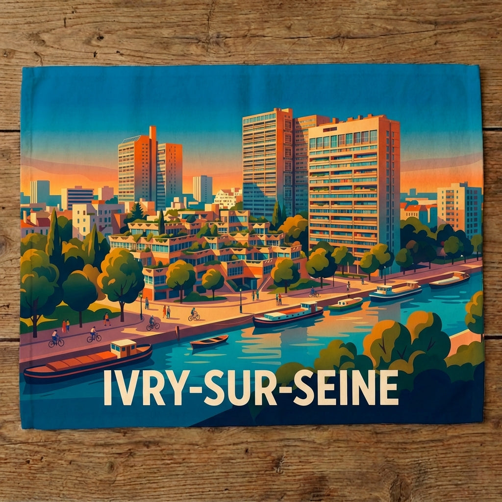 Torchon souvenir de la ville d'Ivry-sur-Seine avec une illustration stylisée et colorée de son paysage urbain en bord de Seine.