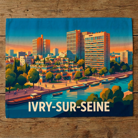 Torchon souvenir de la ville d'Ivry-sur-Seine avec une illustration stylisée et colorée de son paysage urbain en bord de Seine.