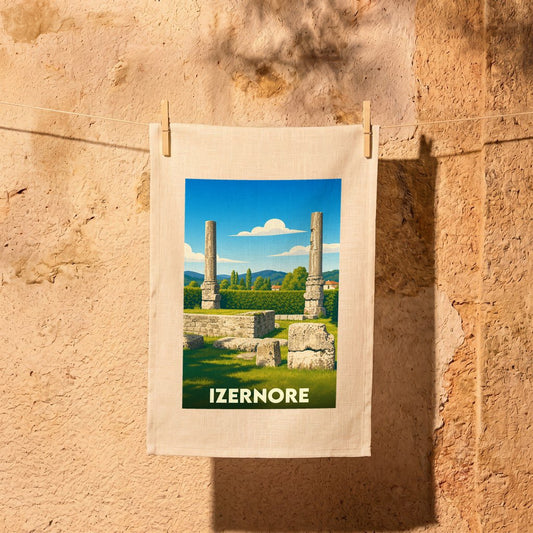 Torchon souvenir de la ville d'Izernore illustrant ses vestiges antiques dans un style épuré.