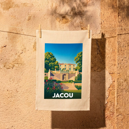 Torchon souvenir de la ville de Jacou avec une illustration stylisée d'un domaine arboré.