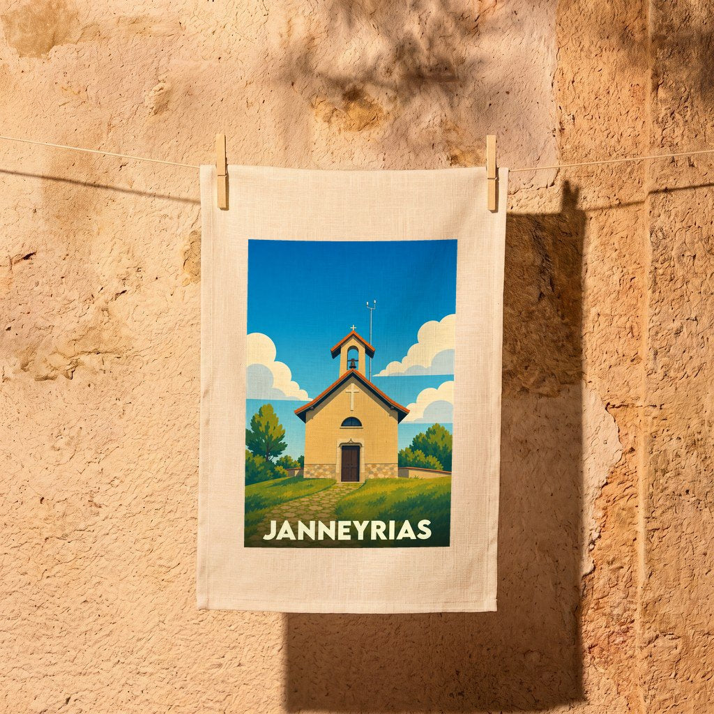 Torchon souvenir de la ville de Janneyrias orné d'une illustration stylisée de son église sous un ciel bleu.