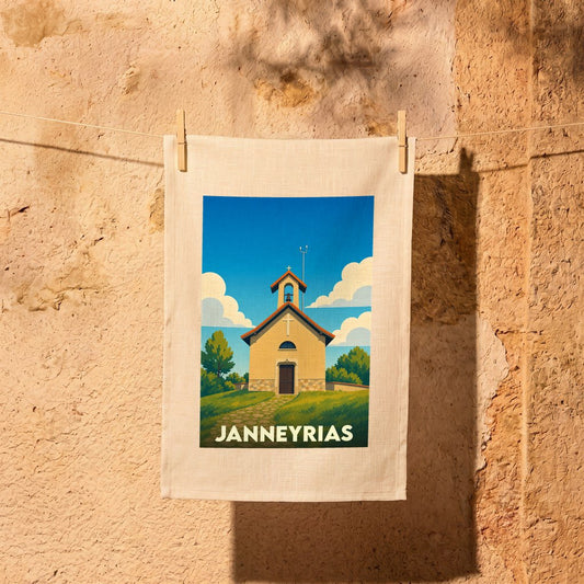 Torchon souvenir de la ville de Janneyrias orné d'une illustration stylisée de son église sous un ciel bleu.