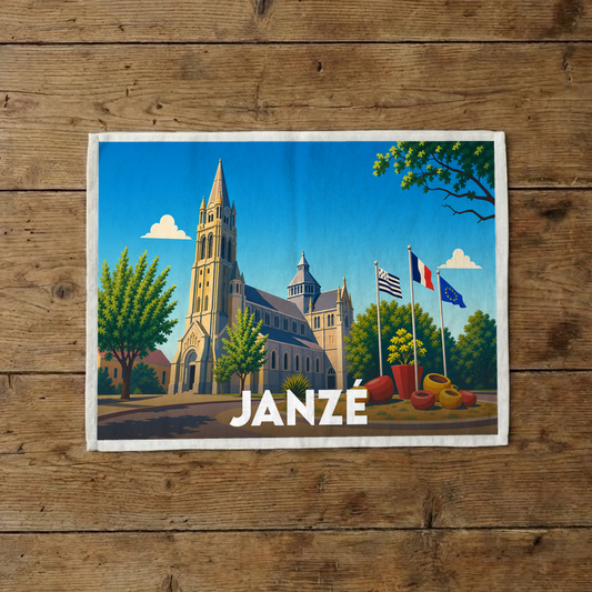 Torchon souvenir de la ville de Janzé avec une illustration stylisée de son église et de drapeaux.