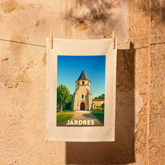 Torchon souvenir de la ville de Jardres avec une illustration stylisée de son église.
