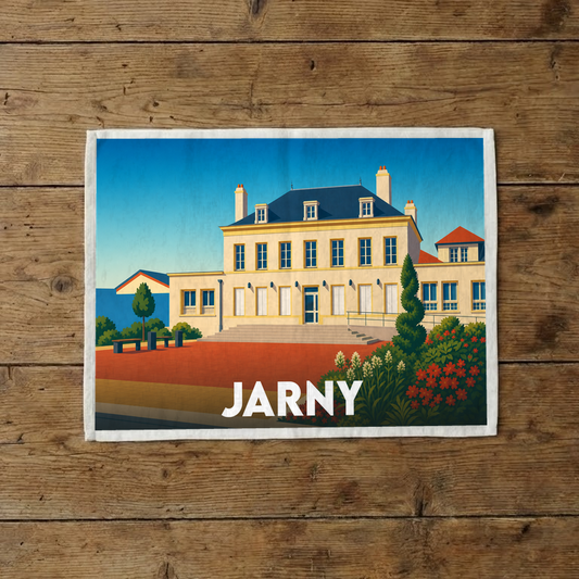Torchon souvenir de la ville de Jarny avec une illustration stylisée de son hôtel de ville.