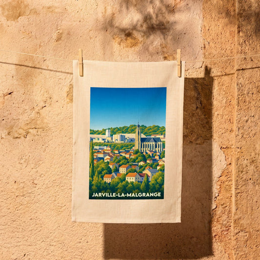 Torchon souvenir de la ville de Jarville-la-Malgrange avec une illustration panoramique stylisée.