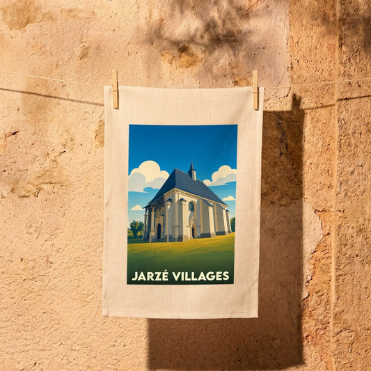 Torchon souvenir de Jarzé Villages avec une illustration stylisée d'une église sous un ciel bleu.