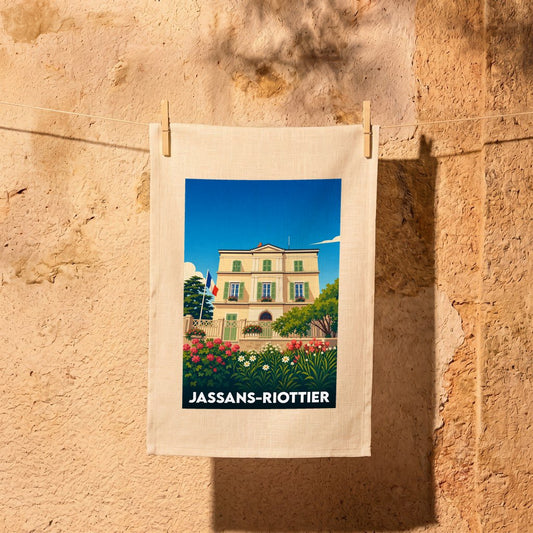 Torchon souvenir de la ville de Jassans-Riottier avec une illustration stylisée.