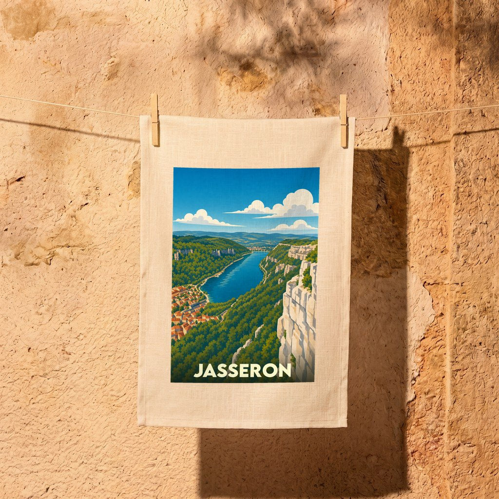 Torchon souvenir de la ville de Jasseron orné d'une illustration stylisée de ses paysages naturels.