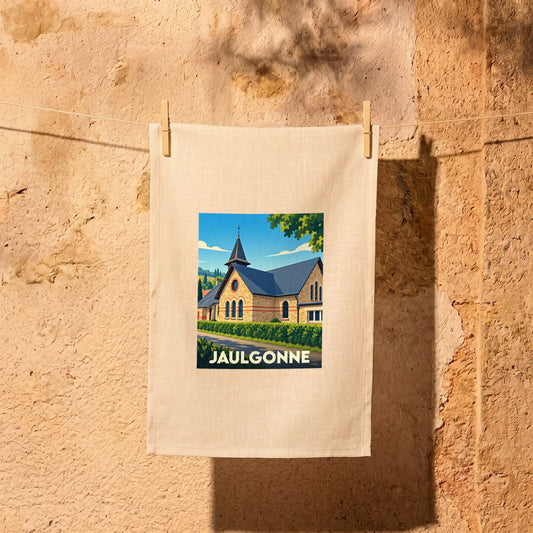 Torchon souvenir de la ville de Jaulgonne avec une illustration stylisée de son église.