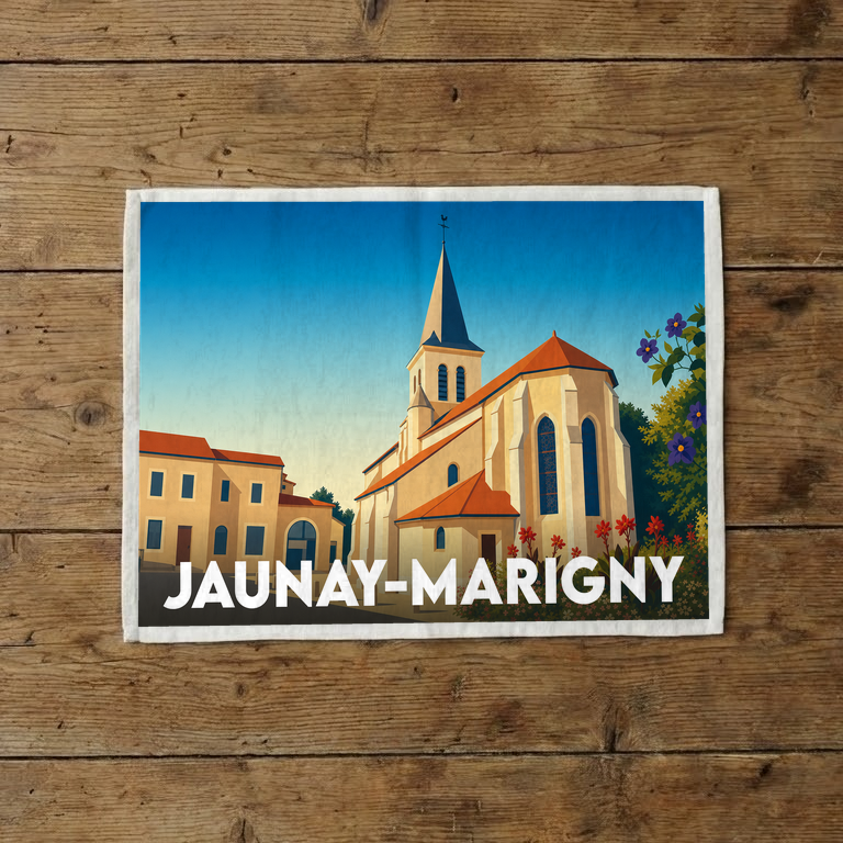 Torchon souvenir de la ville de Jaunay-Marigny avec une illustration stylisée de son église.