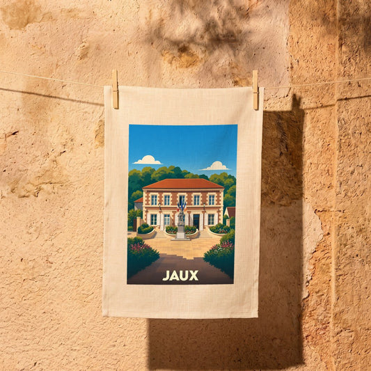 Torchon souvenir de la ville de Jaux avec une illustration stylisée de sa mairie.