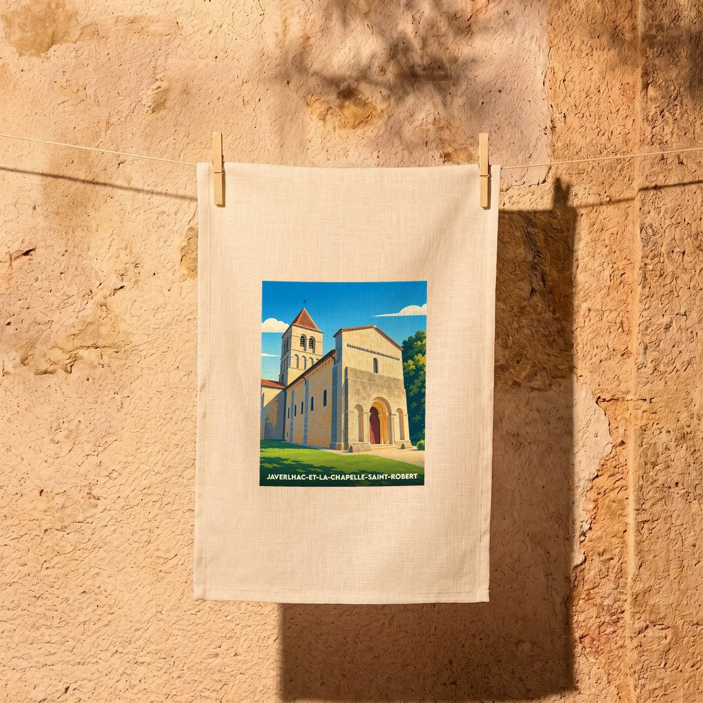 Torchon souvenir de la ville de Javerlhac-et-la-Chapelle-Saint-Robert avec une illustration stylisée de son église.
