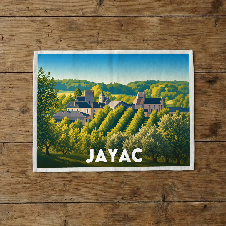 Torchon souvenir de la ville de Jayac avec une illustration stylisée du village et de sa nature verdoyante.