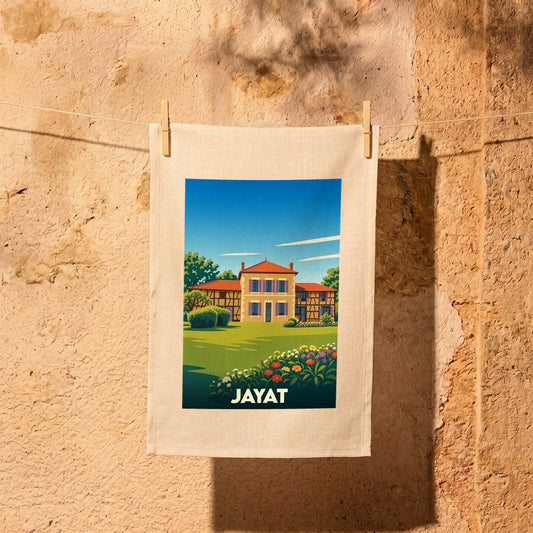 Torchon souvenir de la ville de Jayat avec une illustration stylisée d'une maison traditionnelle.