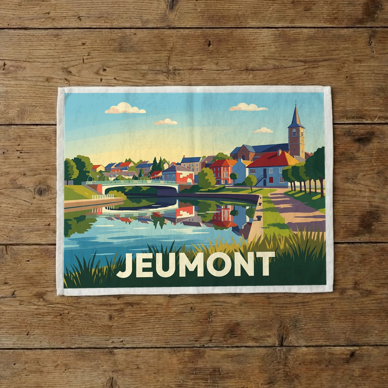 Torchon souvenir de la ville de Jeumont avec une illustration stylisée.