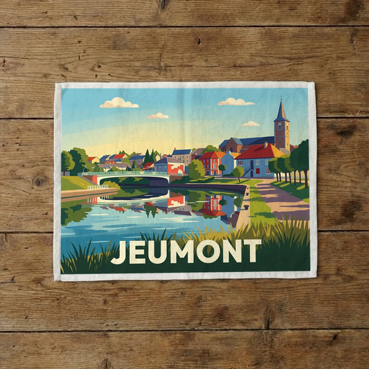 Torchon souvenir de la ville de Jeumont avec une illustration stylisée.