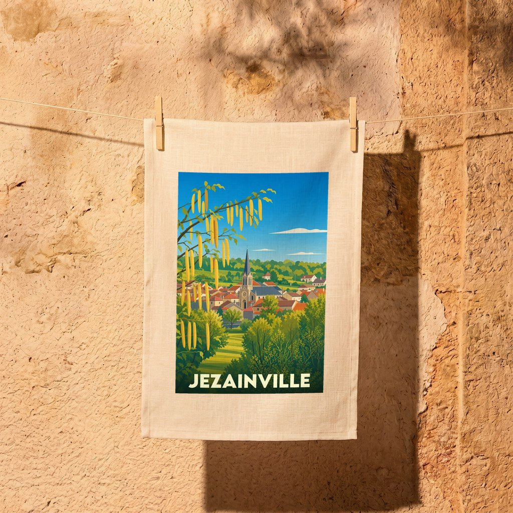 Torchon souvenir de la ville de Jezainville avec une illustration stylisée.