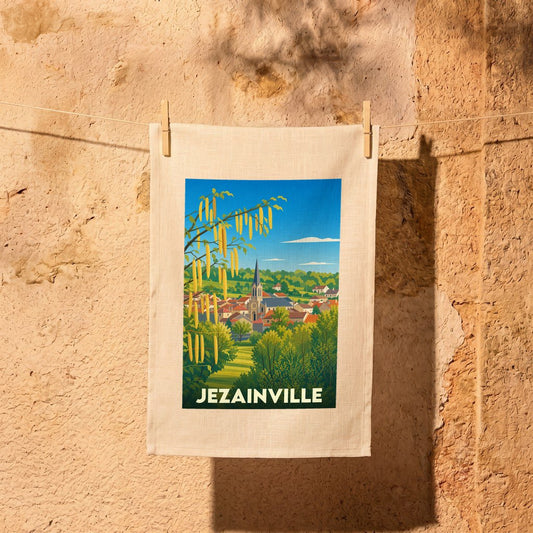 Torchon souvenir de la ville de Jezainville avec une illustration stylisée.