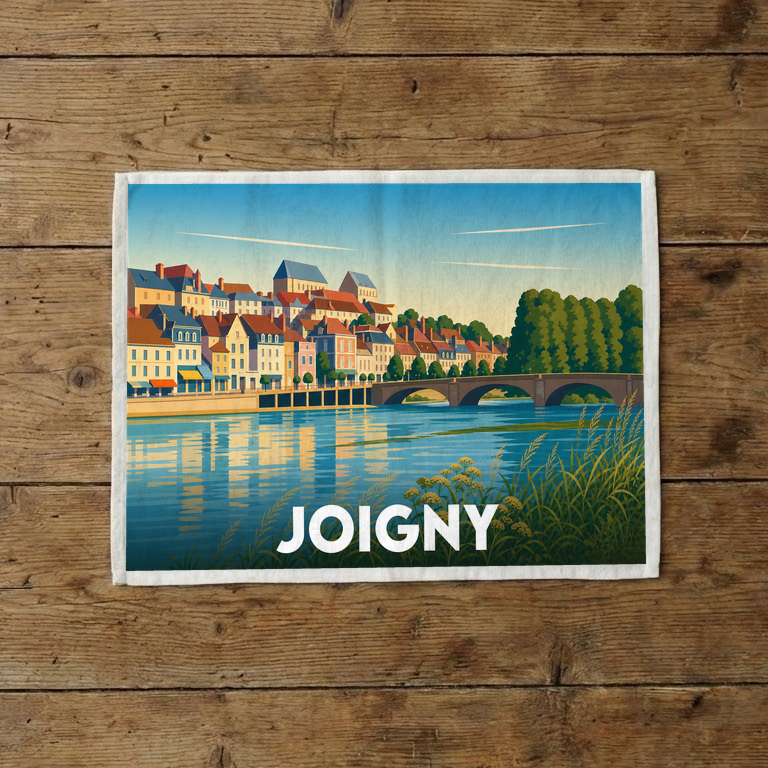 Torchon souvenir de la ville de Joigny avec une illustration stylisée des bords de l'Yonne et de son pont.