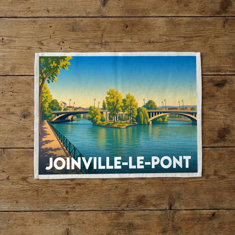 Torchon souvenir de la ville de Joinville-le-Pont avec une illustration stylisée.