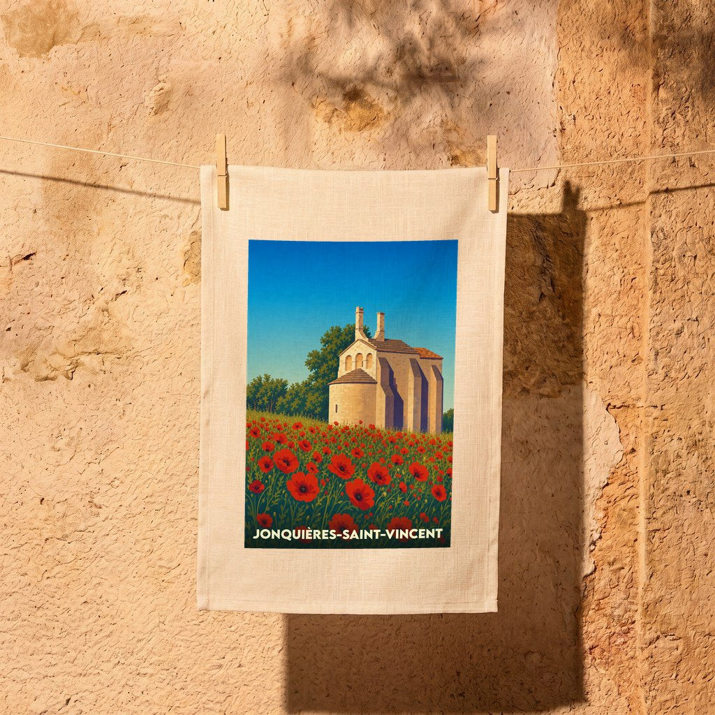 Torchon souvenir de Jonquières-Saint-Vincent illustré d'une chapelle entourée de coquelicots.
