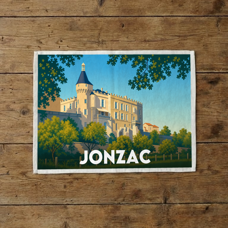 Torchon souvenir de la ville de Jonzac avec une illustration stylisée de son château.
