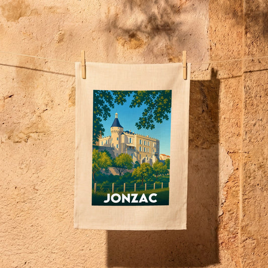 Torchon souvenir de la ville de Jonzac avec une illustration stylisée de son château.
