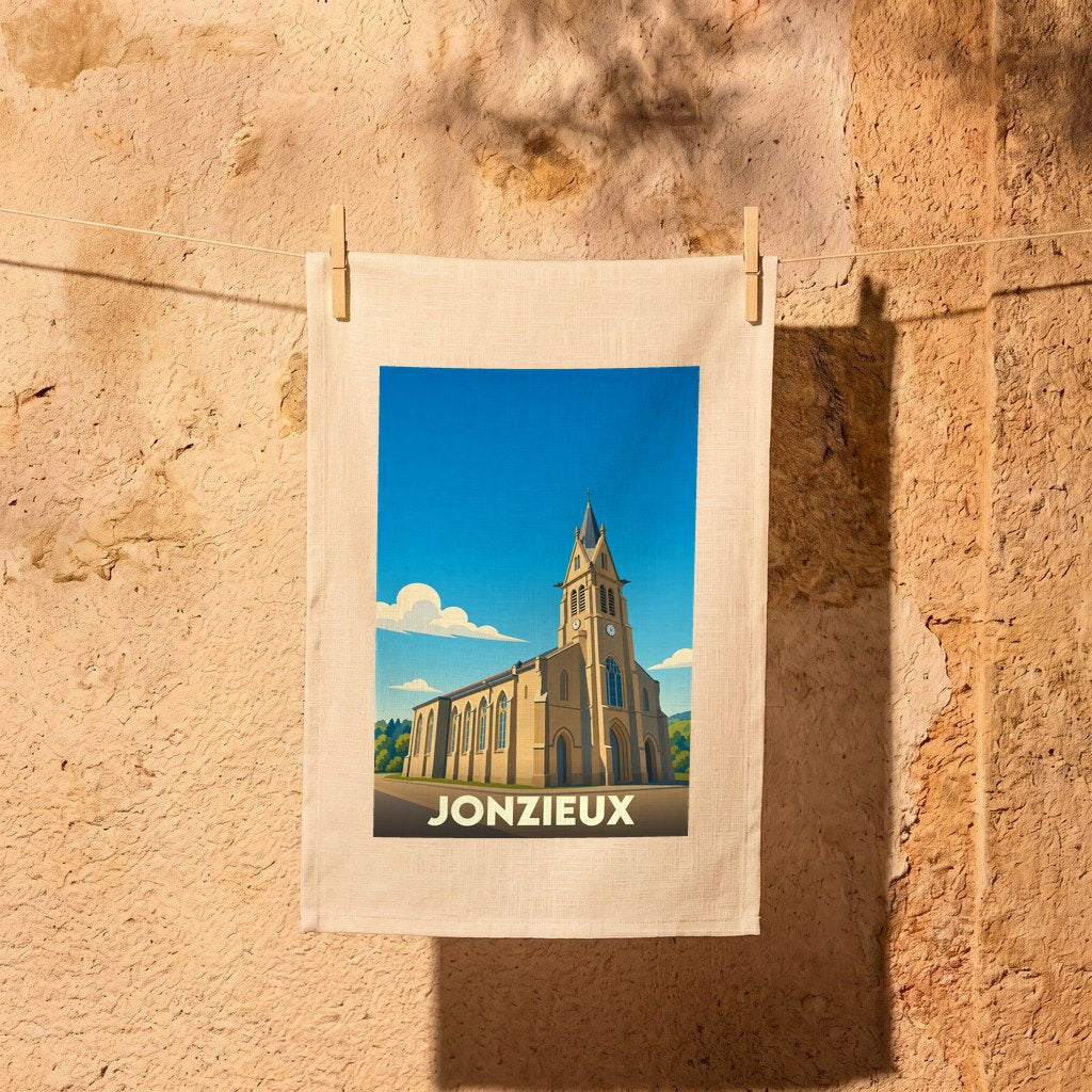Torchon souvenir de la ville de Jonzieux avec une illustration stylisée de son église.