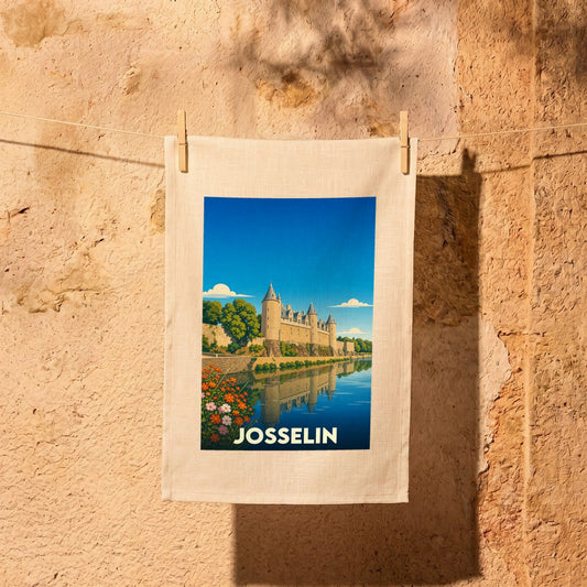 Torchon souvenir de la ville de Josselin illustrant son château au bord de l'eau.