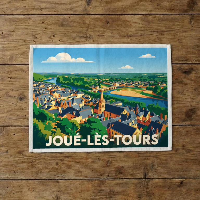 Torchon souvenir de la ville de Joué-lès-Tours avec une illustration stylisée de ses paysages.