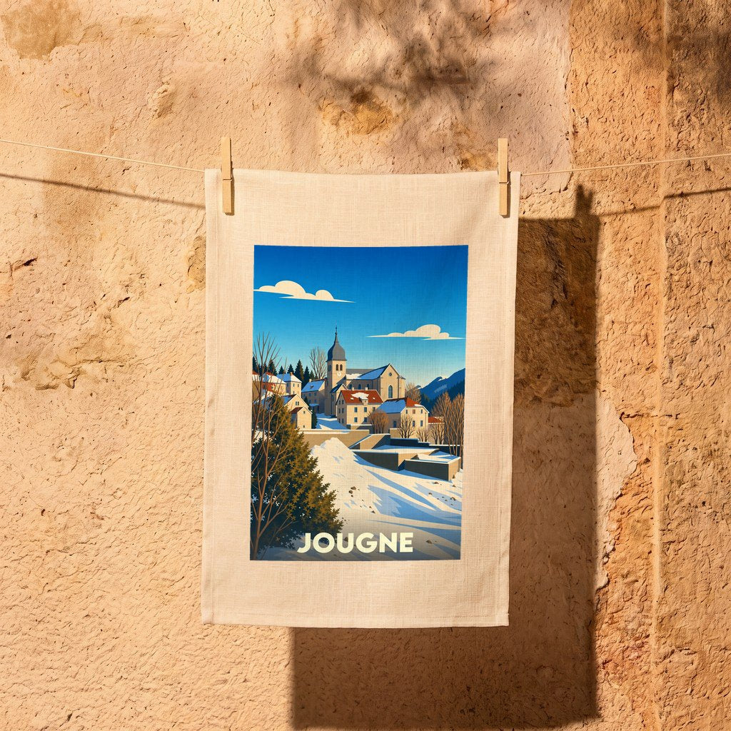 Torchon souvenir de la ville de Jougne avec une illustration stylisée d'un paysage hivernal.