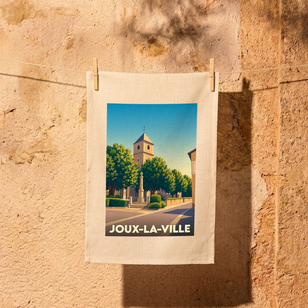 Torchon souvenir de la ville de Joux-la-Ville avec une illustration stylisée de son église et d'une place arborée.