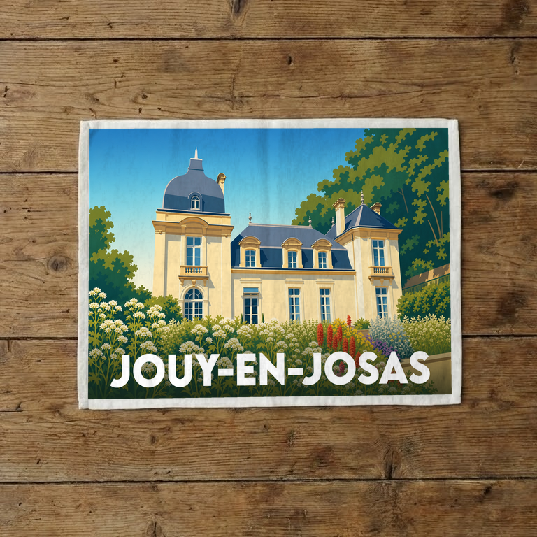 Torchon souvenir de la ville de Jouy-en-Josas illustré par un château entouré de fleurs.