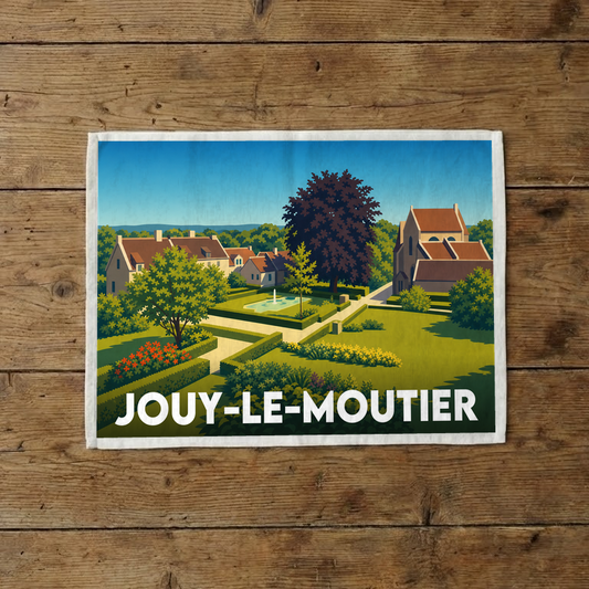 Torchon souvenir de la ville de Jouy-le-Moutier avec une illustration stylisée.