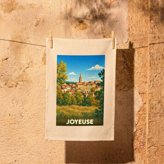 Torchon souvenir de la ville de Joyeuse avec une illustration stylisée.