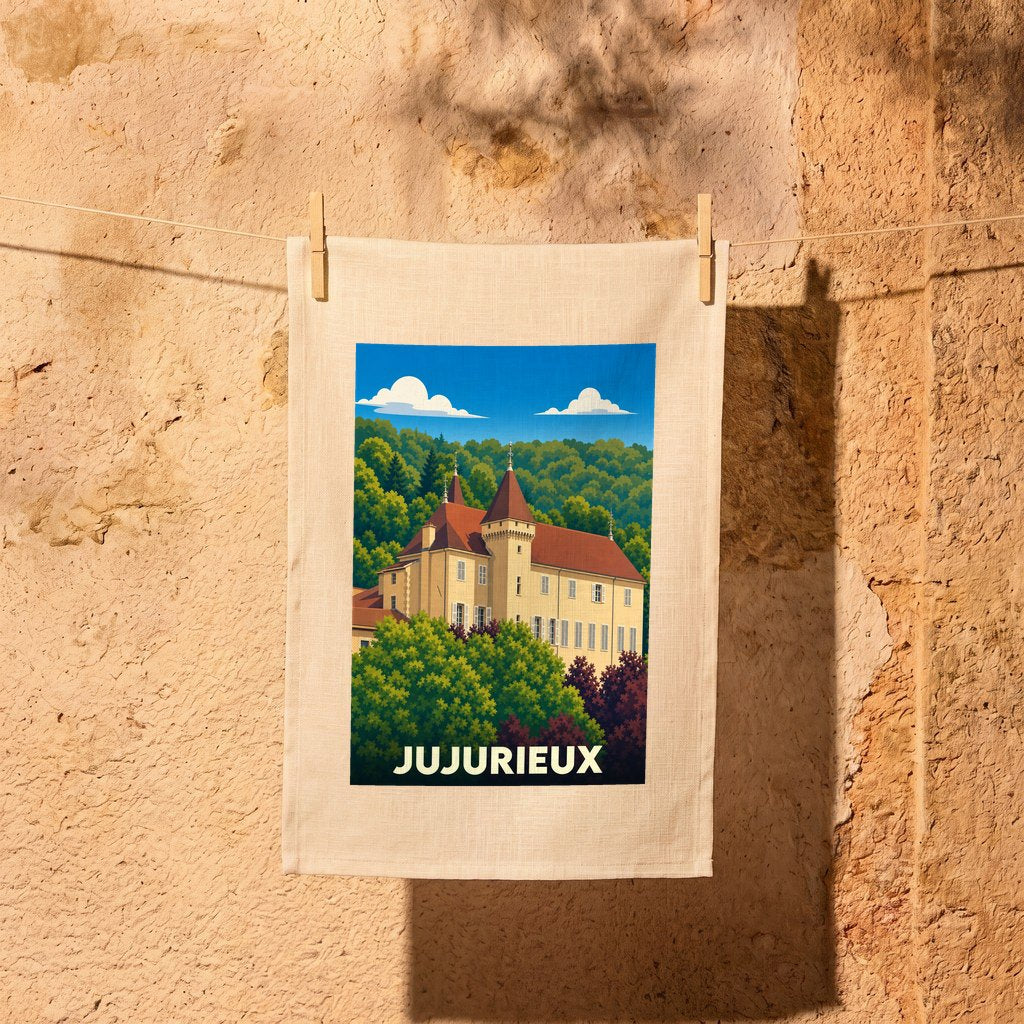Torchon souvenir de la ville de Jujurieux avec une illustration stylisée d'un château entouré de forêt.