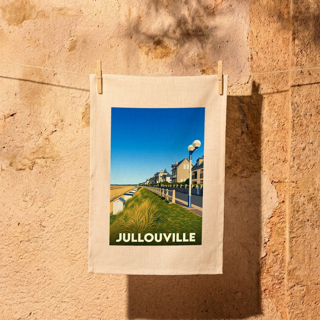 Torchon souvenir de la ville de Jullouville avec une illustration stylisée du front de mer.