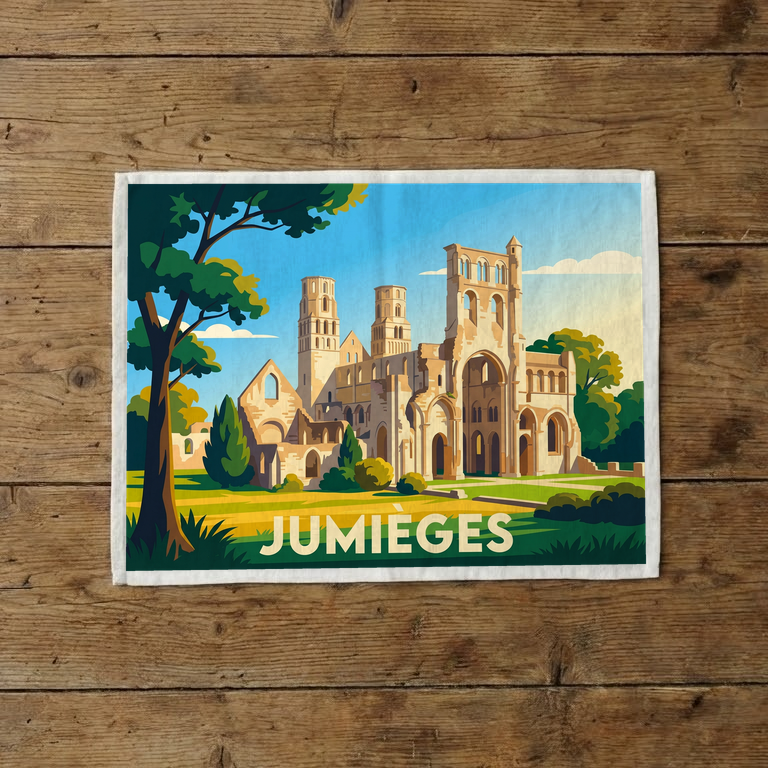 Torchon souvenir de la ville de Jumièges avec une illustration stylisée de son abbaye.
