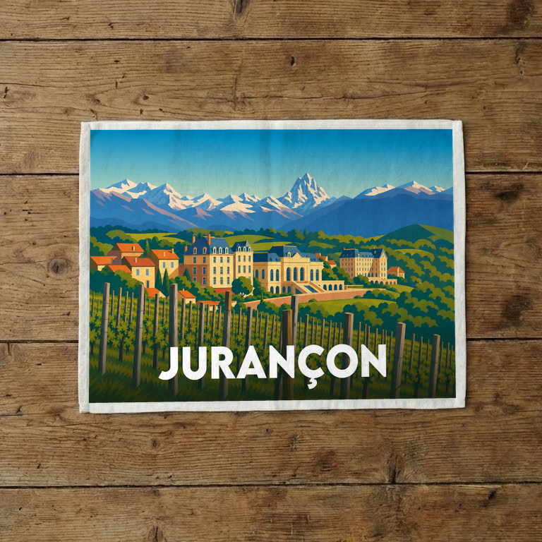 Torchon souvenir de la ville de Jurançon orné d'une illustration stylisée de vignobles face aux Pyrénées.
