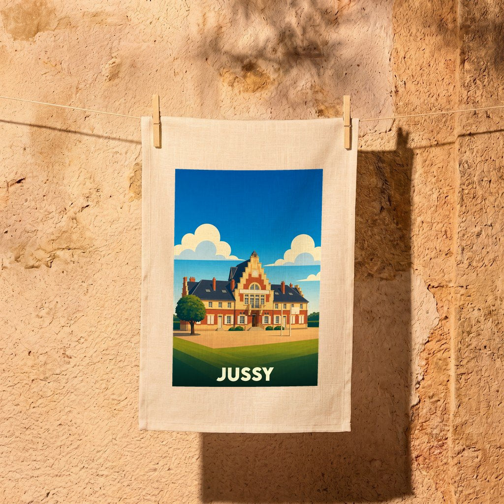 Torchon souvenir de la ville de Jussy avec une illustration colorée et stylisée de sa mairie.
