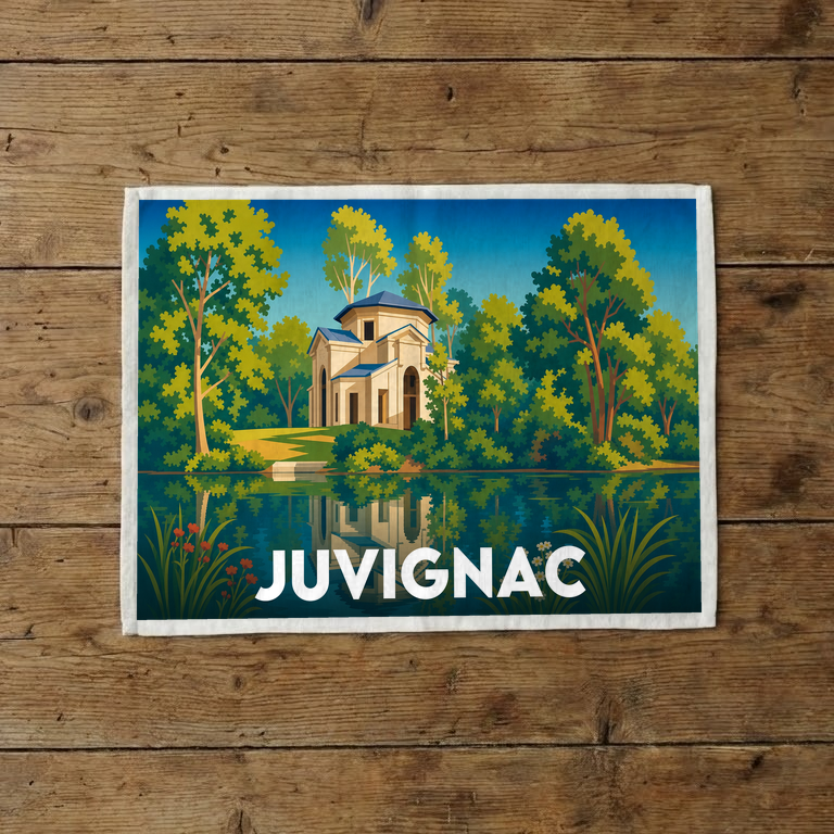 Torchon souvenir de la ville de Juvignac avec une illustration stylisée.
